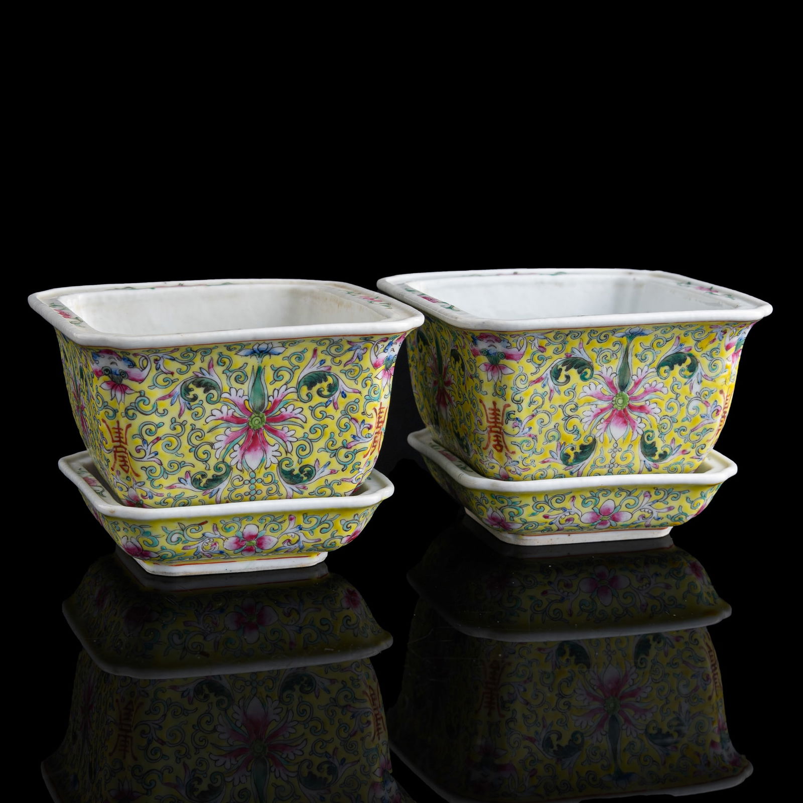 A pair of Chinese yellow-ground famille rose planters, Republic period (1 of 9)