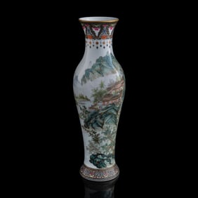 A Chinese famille rose 'landscape' and 'pavilion' vase, Republic period