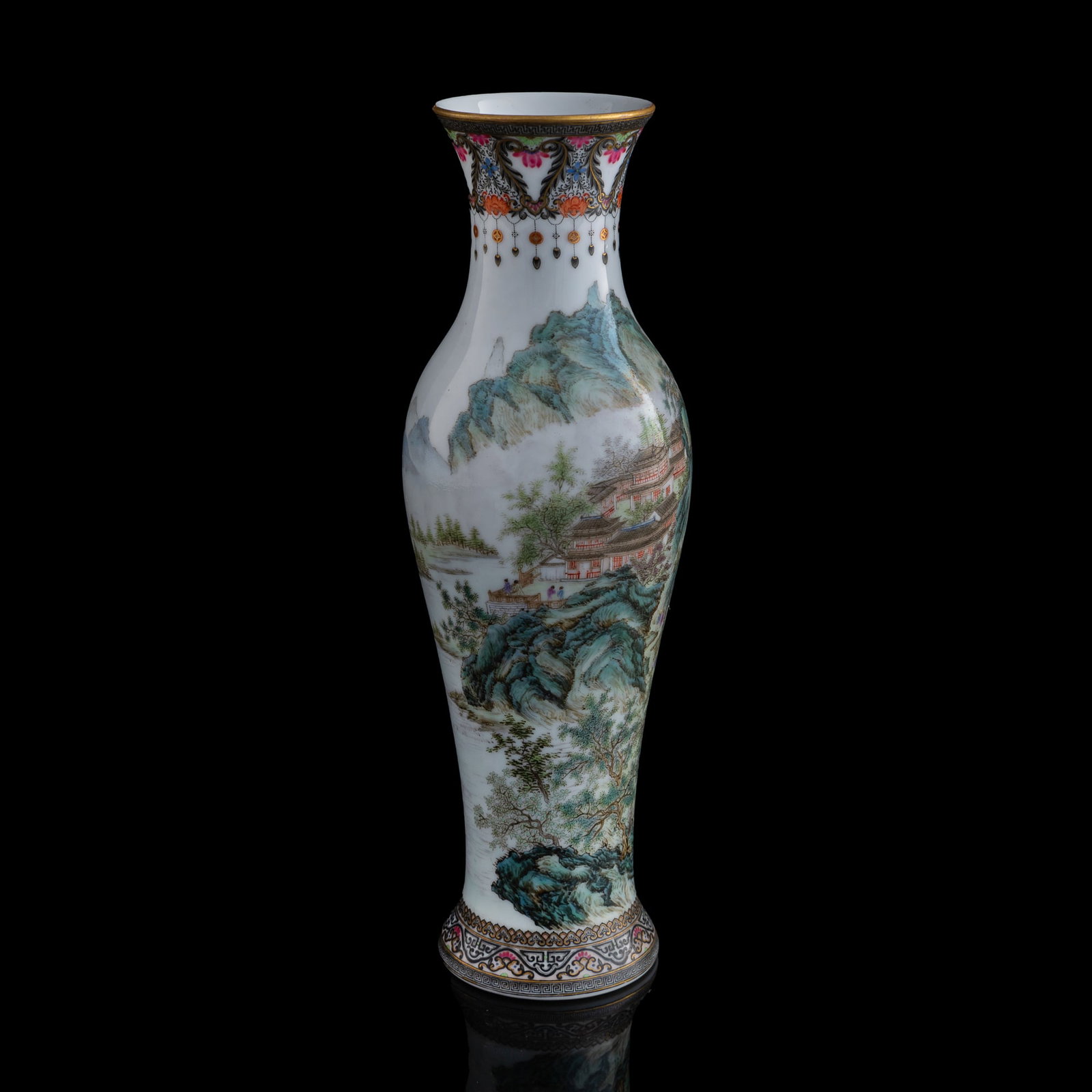 A Chinese famille rose 'landscape' and 'pavilion' vase, Republic period: A Chinese famille rose 'landscape' and 'pavilion' vase Republic period With six-character mark to underside. H: 10 1/4, Dia: 3 3/8 in. (H: 26.04, Dia: 8.57 cm.) Private collection, Southern California