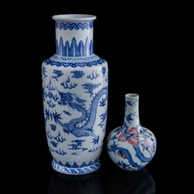 A Chinese blue and white and an underglaze-red vase, Republic period