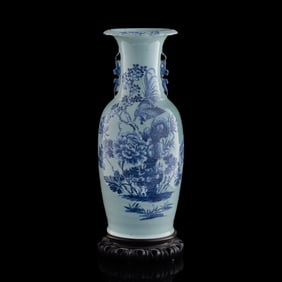 A Chinese celadon-ground blue and white double-handled vase with 'phoenix and peony' motifs, Early