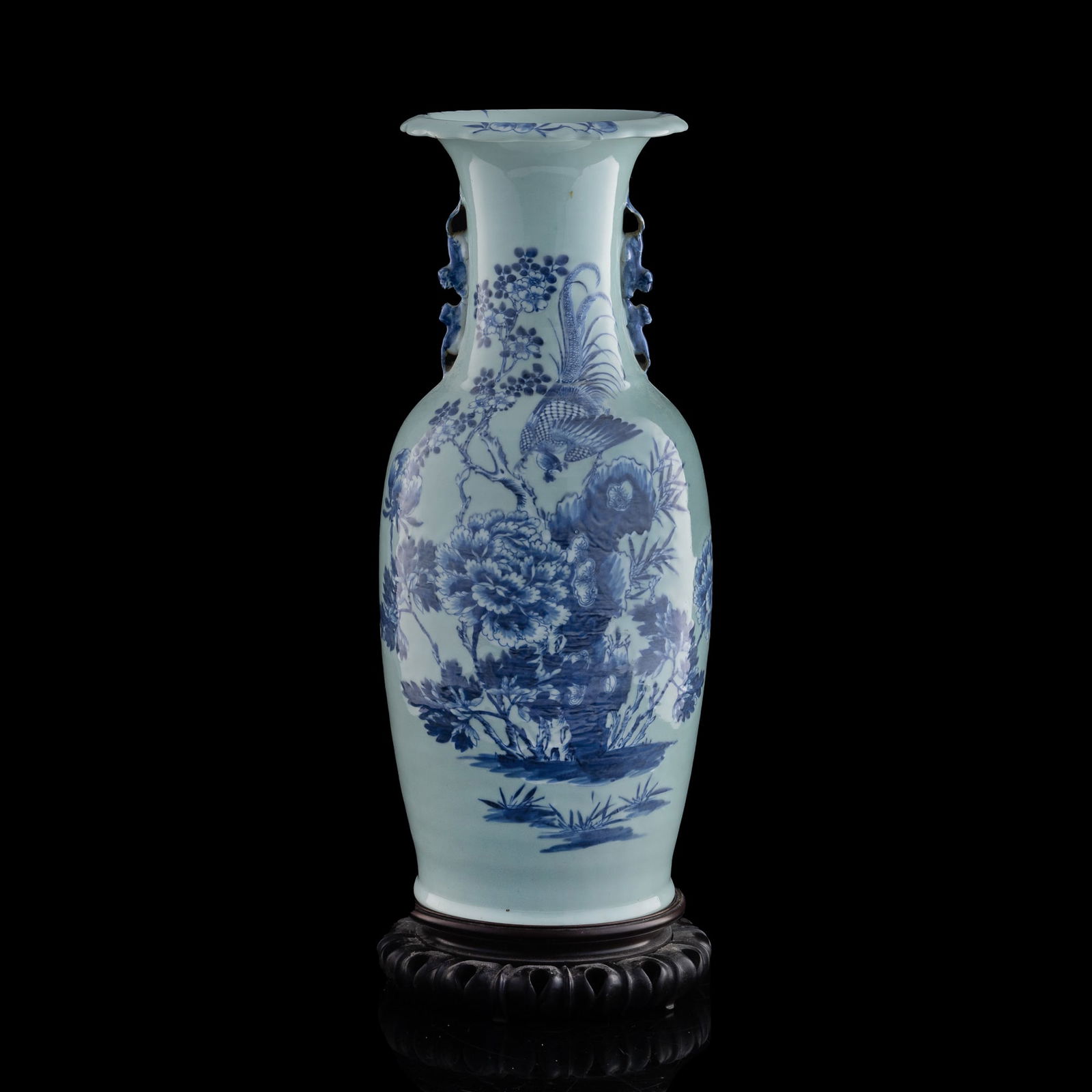 A Chinese celadon-ground blue and white double-handled vase with 'phoenix and peony' motifs, Early (1 of 8)