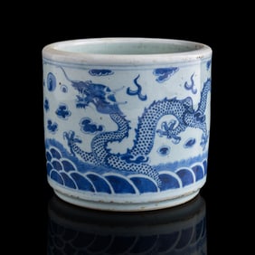 A Chinese blue and white 'dragon' cylindrical censer, 19th century