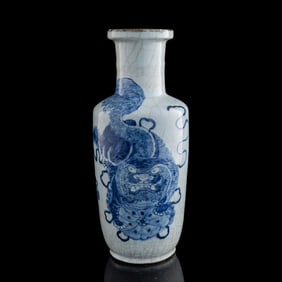 A Chinese ge-ground blue and white ‘lion’ rouleau vase, 19th century
