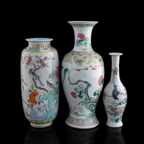 Two Chinese famille rose vases and a wucai vase, late 19th century