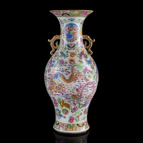 A Chinese Kwon-glazed 'hundred antiques' double-handled vase, 19th century