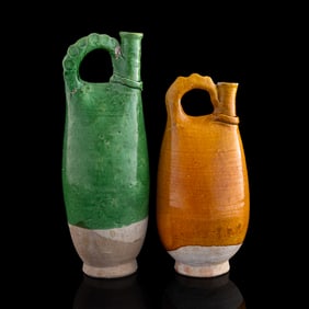 Two Chinese pouch-form flasks, Liao dynasty