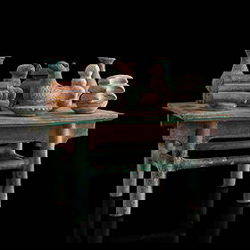 A Chinese sancai offering table, Ming dynasty: A Chinese sancai offering table Ming dynasty Sold with purchase receipt and inventory sheet. H: 9 1/8, W: 11 1/8, D: 7 in. (H: 23.18, W: 28.26, D: 17.78 cm.) Acquired from an antique store in Californ