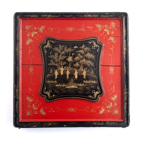 A Chinese export lacquer box with rice paper painting, 19th century