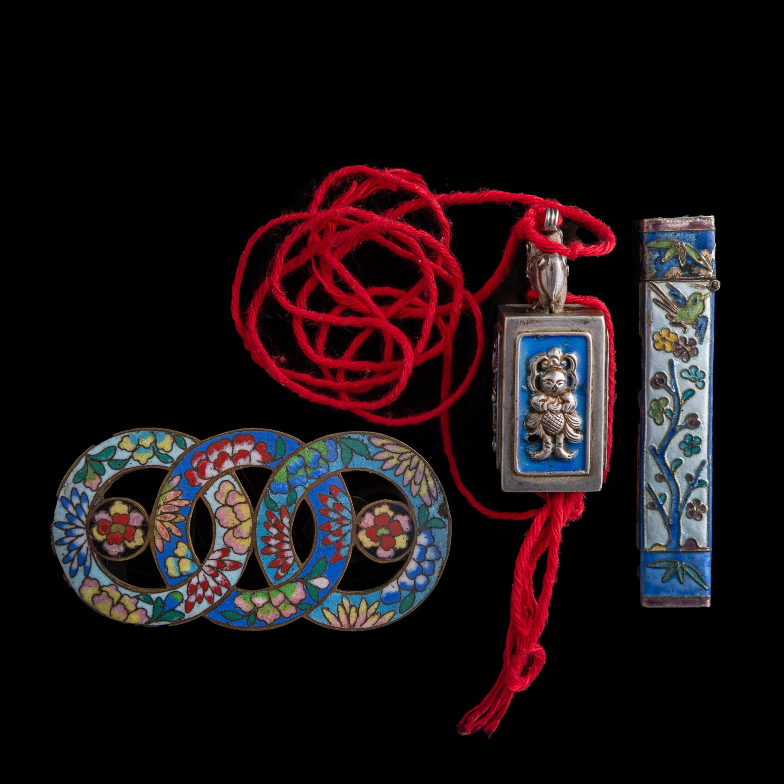 Two Chinese silver enamel pendants and a cloisonne belt buckle, 19th century (1 of 10)