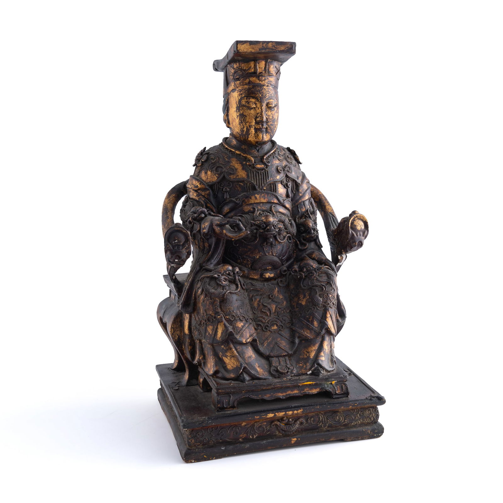 A Chinese lacquered and gilt wood figure of a Heavenly Official, Qing dynasty: A Chinese lacquered and gilt wood figure of a Heavenly Official Qing dynasty H: 15 5/8, W: 8 1/8, D: 7 3/8 in. (H: 39.69, W: 20.64, D: 18.73 cm.) Private collection, Denver, Colorado.