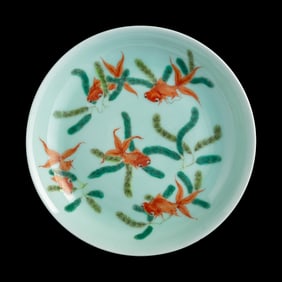 A Chinese celadon and famille rose plate, Qianlong period, Qing dynasty