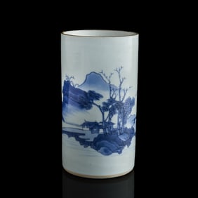 A Chinese blue and white 'landscape' brush pot, 17th century