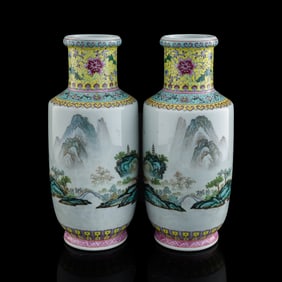 A pair of Chinese famille rose ‘landscape’ rouleau vases, 1960s-1970s