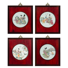 Four Chinese famille rose 'figural' porcelain plaques, 1950s-1970s