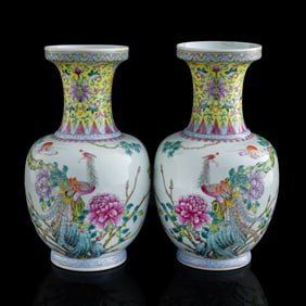 A pair of Chinese famille rose ‘flower and bird’ vases, Republic period