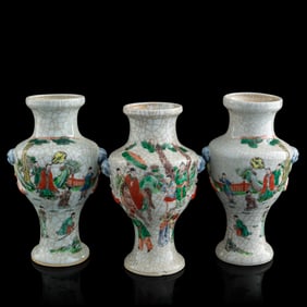 Three Chinese ge-ground wucai vases, Republic period