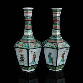 A pair of Chinese wucai 'eight immortals' hexagonal vases, 19th century