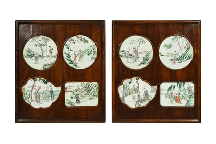 A pair of Chinese hardwood panels with porcelain plaques, 19th century