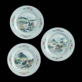 Three Chinese famille rose ‘landscape’ plates, Republic period