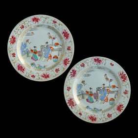 A pair of Chinese export famille rose ‘figural’ plates, 18th century