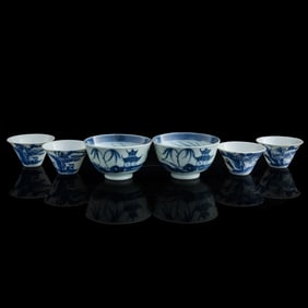 Six Chinese blue and white 'landscape' cups, late 19th century