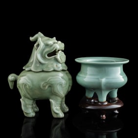 A Chinese celadon Luduan and a Longquan tripod censer, Qing dynasty or later