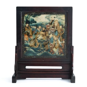 A Chinese hardwood table screen with painted stone inlay, 18th century