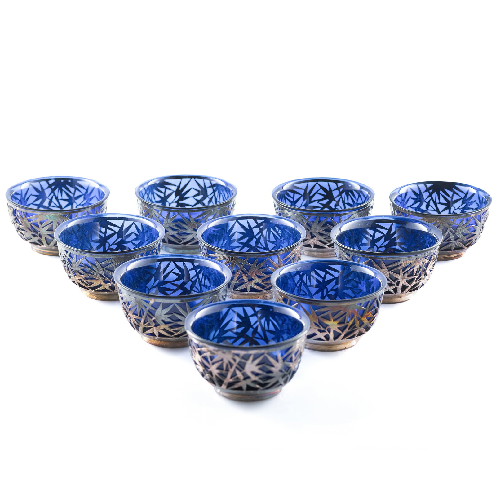 A set of ten Chinese Peking glass bowls, 19th century: A set of ten Chinese Peking glass bowls 19th century Each bowl paired with a silver mount, bearing a mark of "Beijing Wuhua" (a renowned Beijing silver workshop active in the late Qing and Republic pe