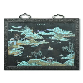 A Chinese kingfisher feather ‘landscape’ hardwood screen, early 19th century