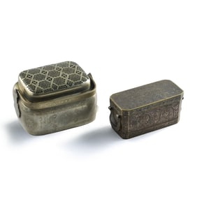 A Chinese Paktong hand warmer and a bronze box, 19th century
