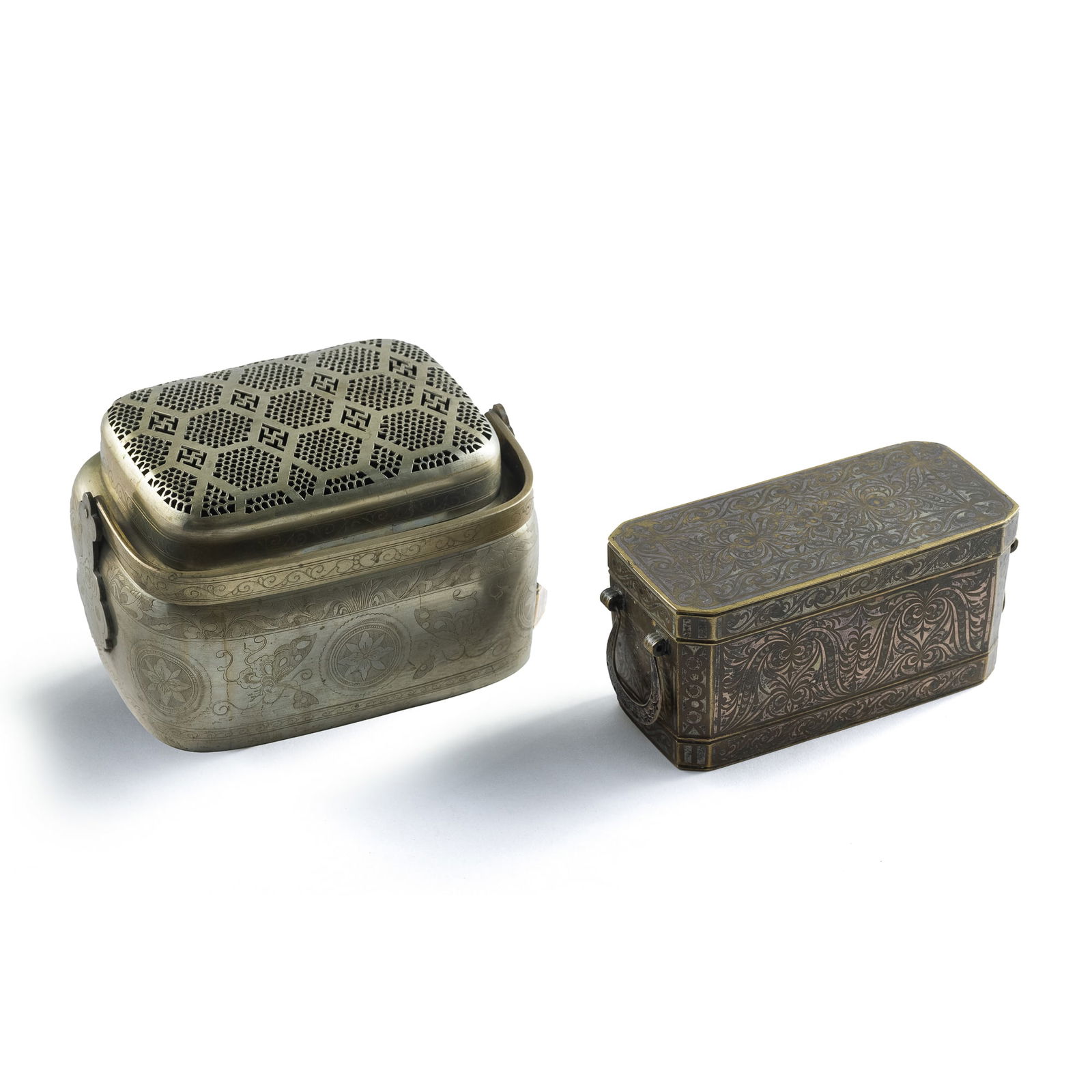 A Chinese Paktong hand warmer and a bronze box, 19th century (1 of 10)
