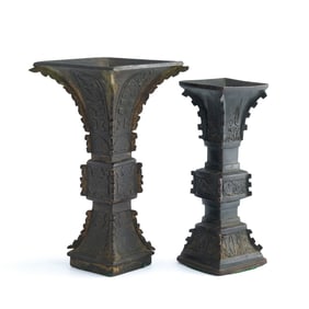 Two Chinese bronze 'taotie' gu vases, 18th century