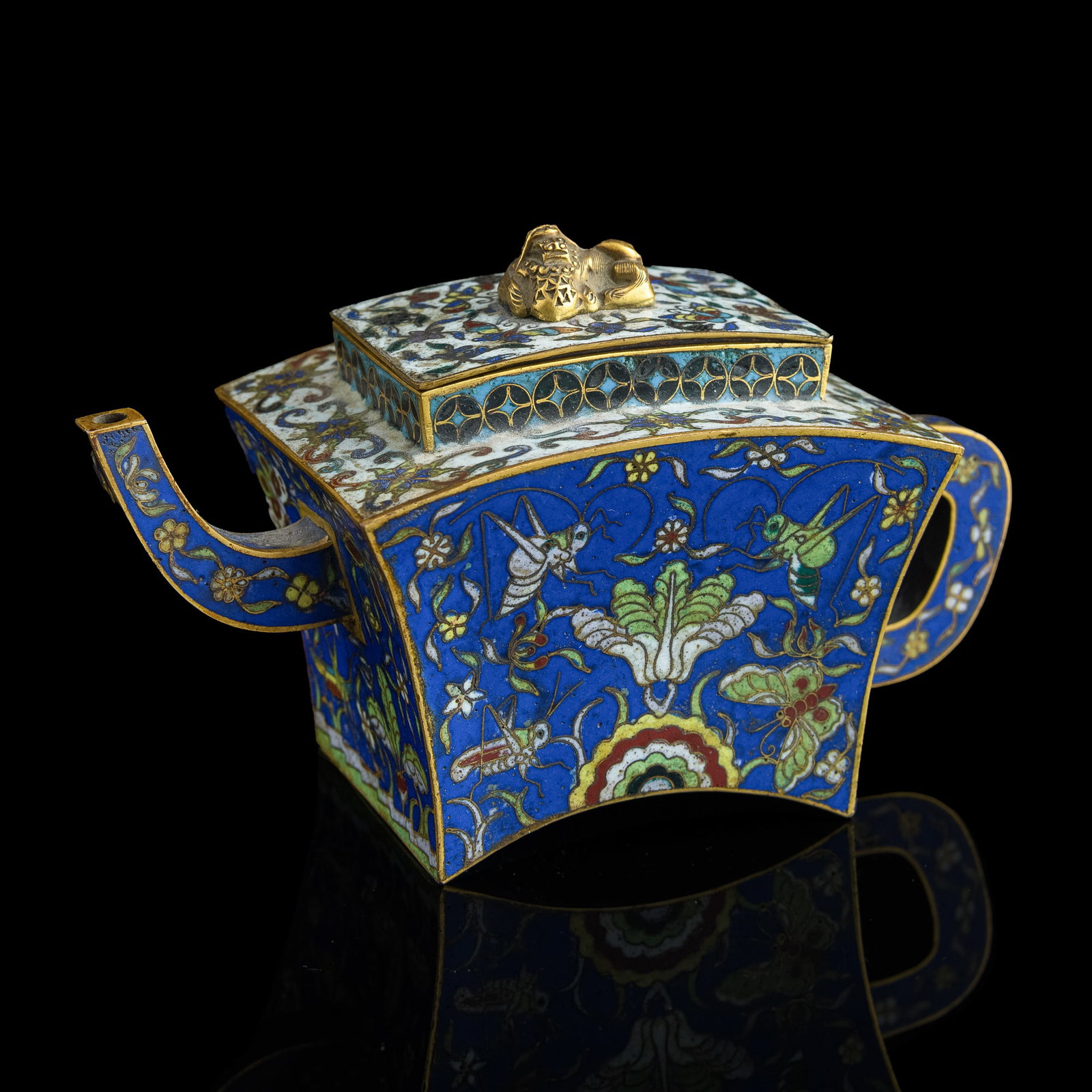 A Chinese cloisonné teapot, Qianlong period, Qing dynasty: A Chinese cloisonné teapot Qianlong period, Qing dynasty Decorated with flowers, crickets, radishes and cabbages throughout. H: 4 1/2, W: 7 1/2, D: 3 5/8 in. (H: 11.43, W: 19.05, D: 9.21 cm.) Private