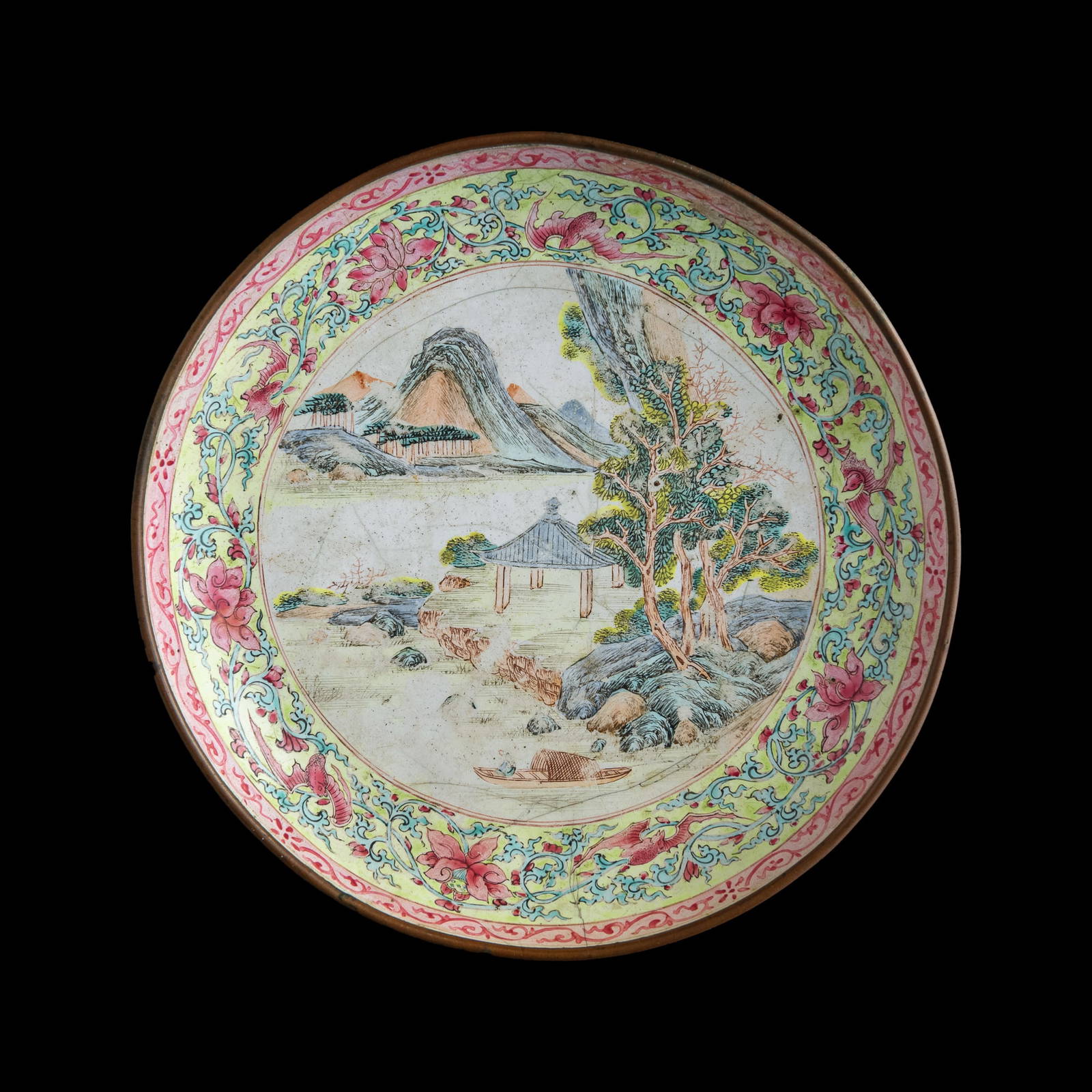 A Chinese painted enamel 'landscape' plate, 18th century
