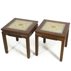 A pair of Chinese hardwood stools inset with porcelain plaques, 19th century