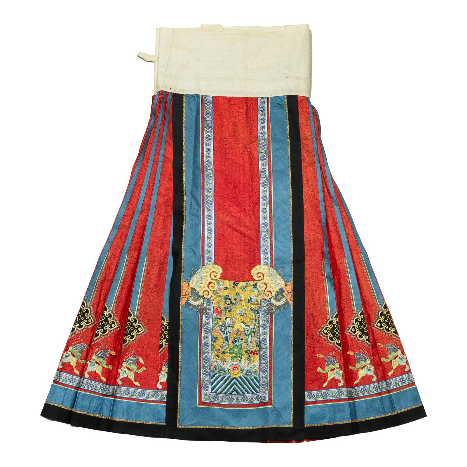 A Chinese red-ground embroidered skirt, 19th century