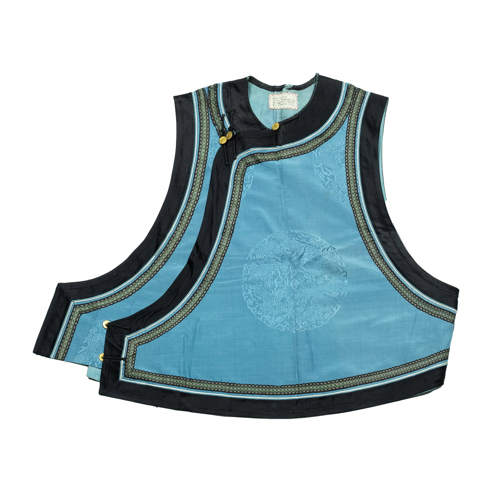 A Chinese blue satin vest, 19th century: A Chinese blue satin vest 19th century H: 25 1/4, W: 31 1/2 in. (H: 64.14, W: 80.01 cm.) From Mr. Freeman in Northeastern Utah, inherited from his grandparents who were missionaries in China during th