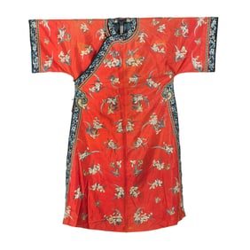 A Chinese red-ground embroidered lady's over-robe, 19th century
