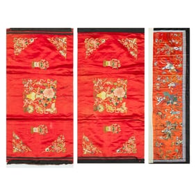 Three Chinese red-ground embroideries, 19th century