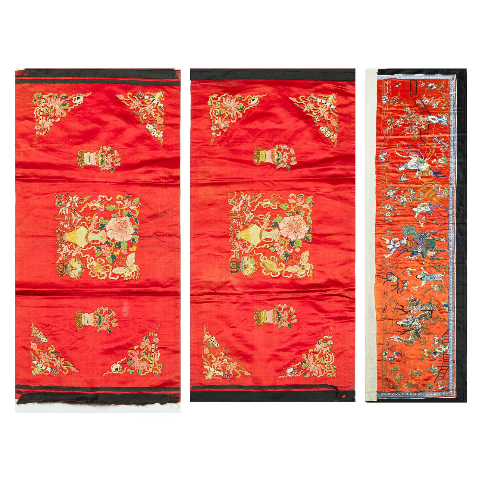 Three Chinese red-ground embroideries, 19th century
