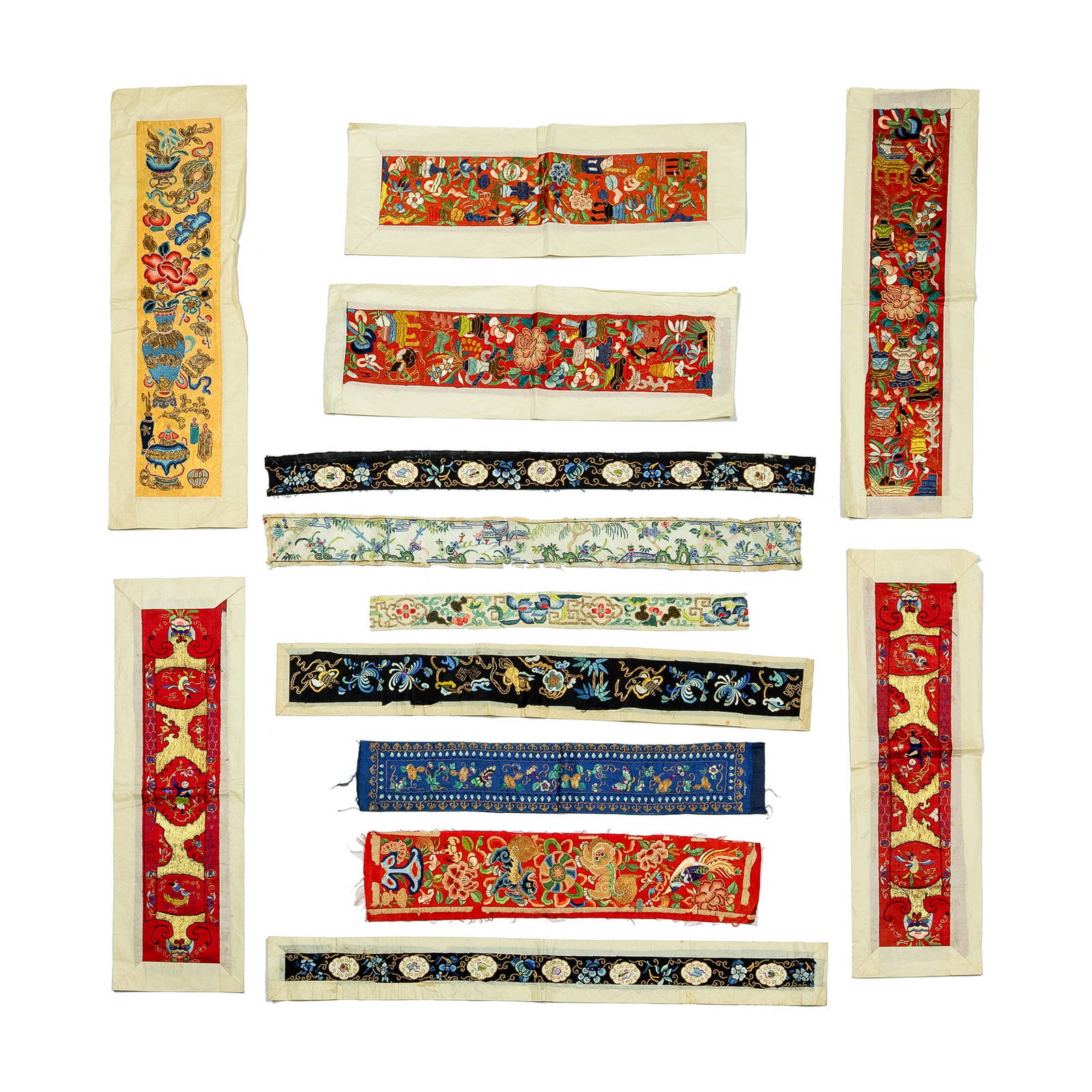 Thirteen Chinese embroidered sleeves, 19th century