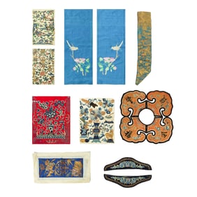 Eleven Chinese embroidered fragments, 19th century