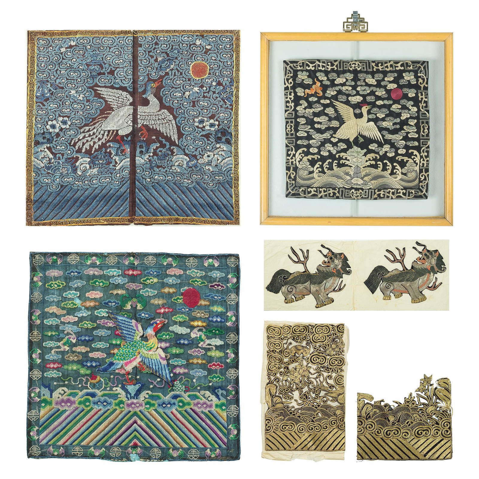 A group of Chinese rank badges and embroidered fragments, 19th century