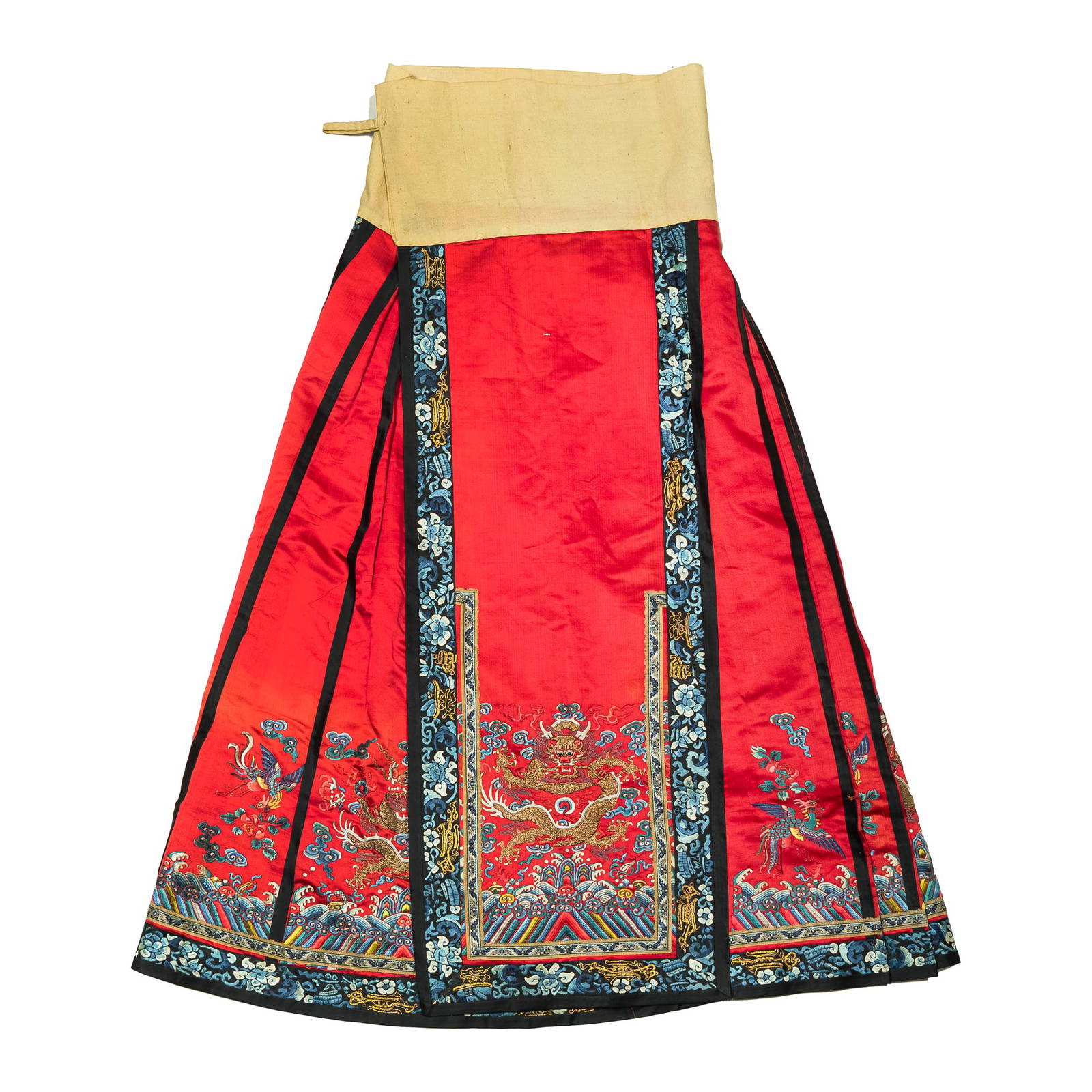 A Chinese red-ground embroidered skirt (Mamianqun), 19th century