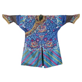 A Chinese blue-ground embroidered dragon robe, 19th century