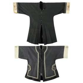 Two Chinese black-ground embroidered inner jackets, 19th century