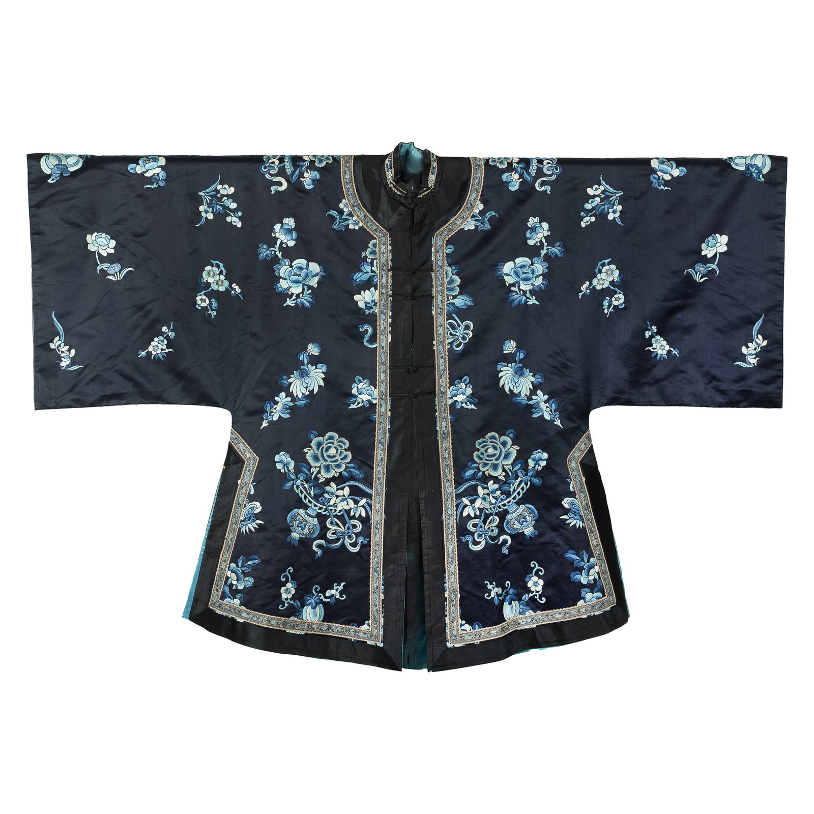 A Chinese blue-ground embroidered 'butterfly' lady's robe, 19th century: A Chinese blue-ground embroidered 'butterfly' lady's robe 19th century H: 42 7/8, W: 60 3/4 in. (H: 108.90, W: 154.31 cm.) From Mr. Lang, Denver, Colorado.