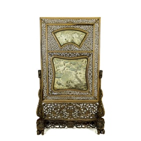 A Chinese hardwood screen with Cantonese embroideries, 19th century
