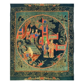 A Chinese block-printed tablecloth, 19th century